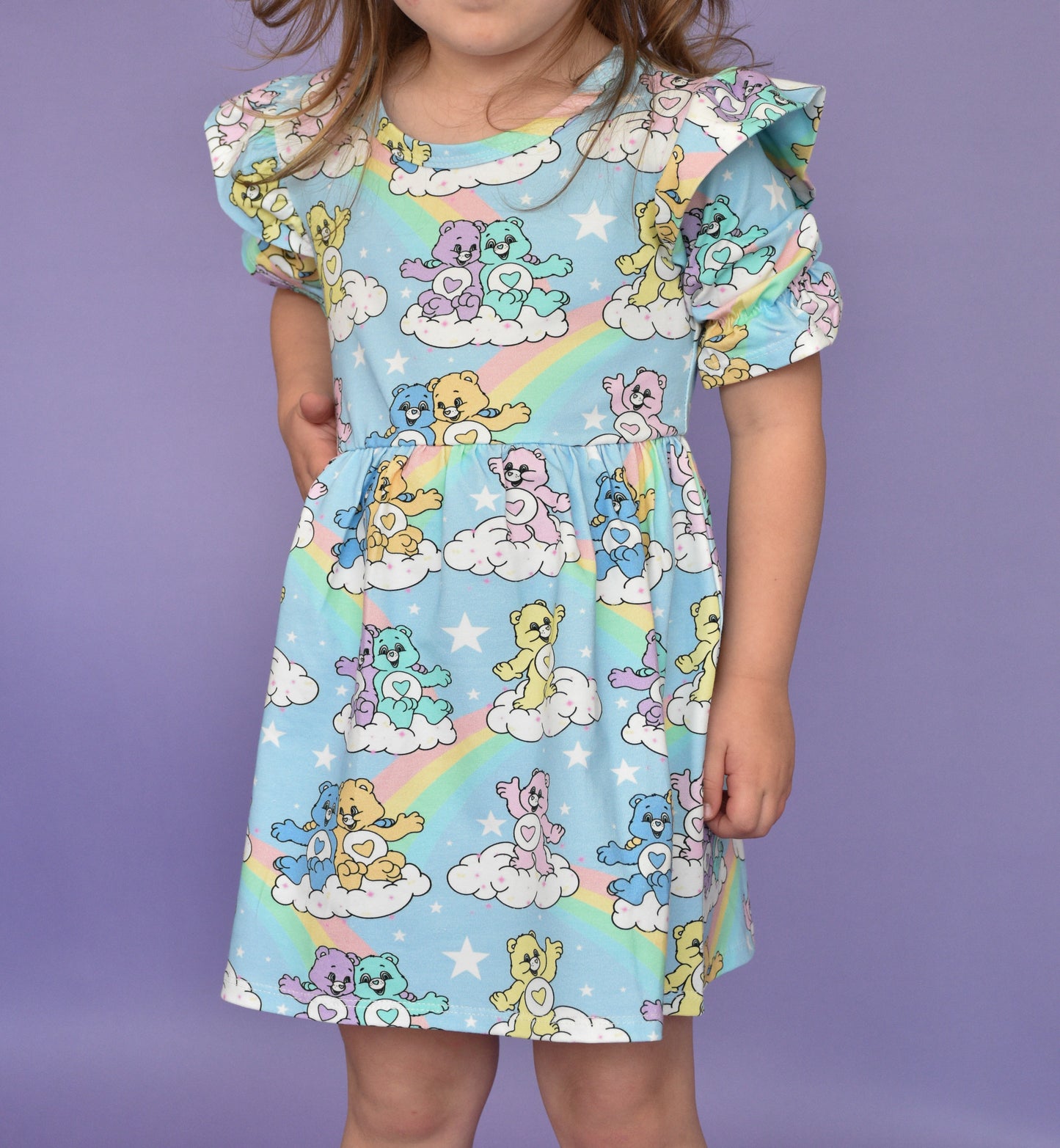 Pre Made Rainbow Bears Short Sleeve Ruffle Dresses - Retro Rainbow, Sweetheart Sky Dress