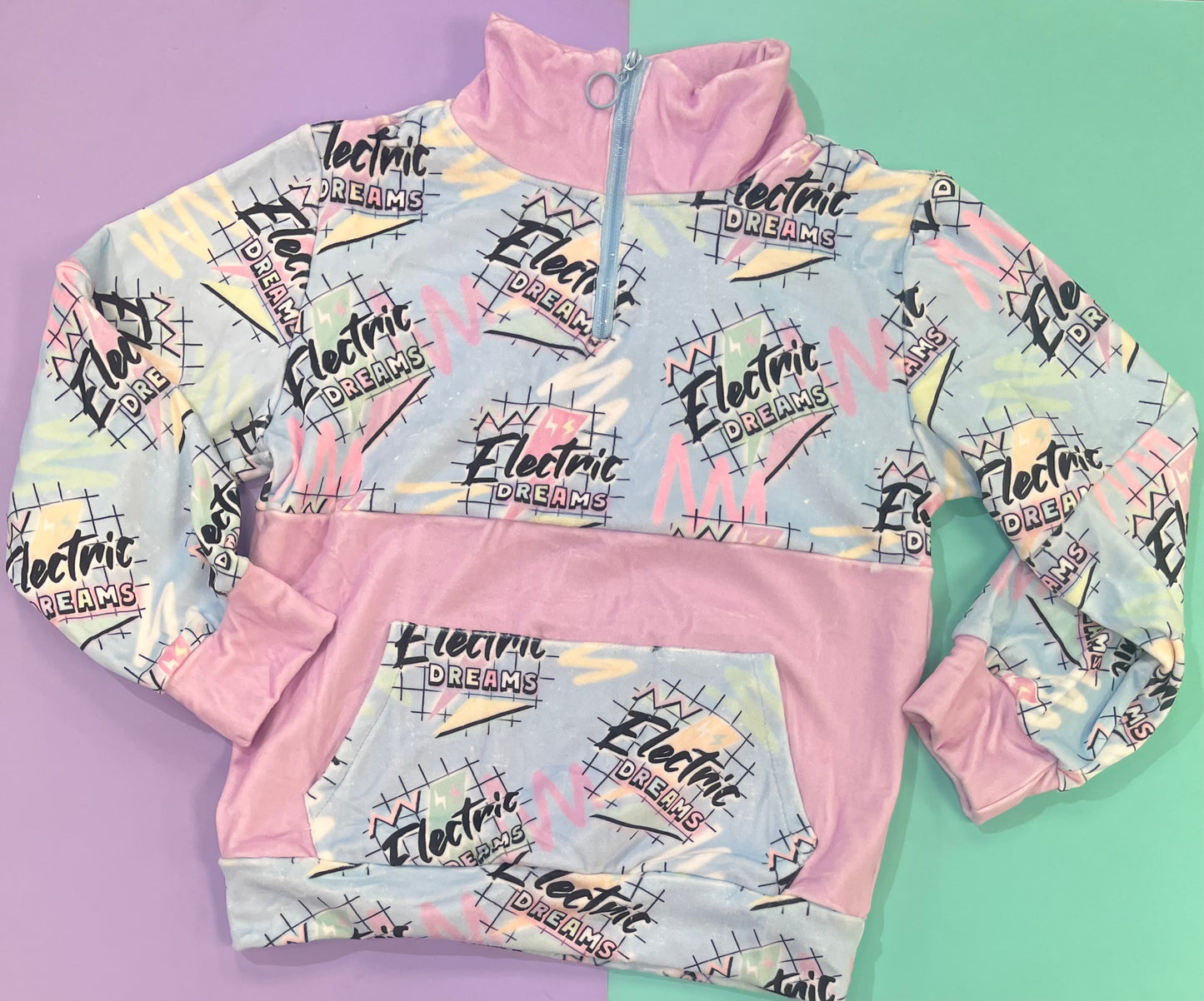 Kids “Electric Dreams” Fleece Pullover – 80s-Inspired Pastel Half-Zip Hoodie