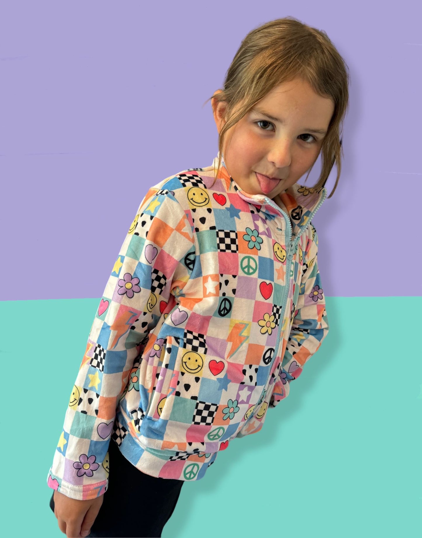 Y2K Pastel Patchwork Fleece Jacket for Kids – Smiley Face, Peace Sign & Heart Print, Groovy Check