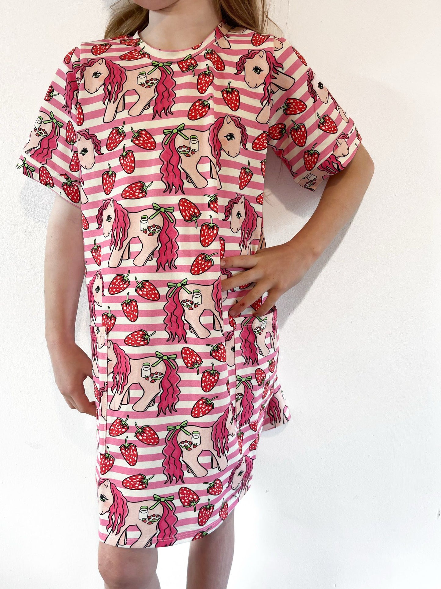 Girls’ Strawberry Picking Smock Dress with Pockets, Short Sleeve