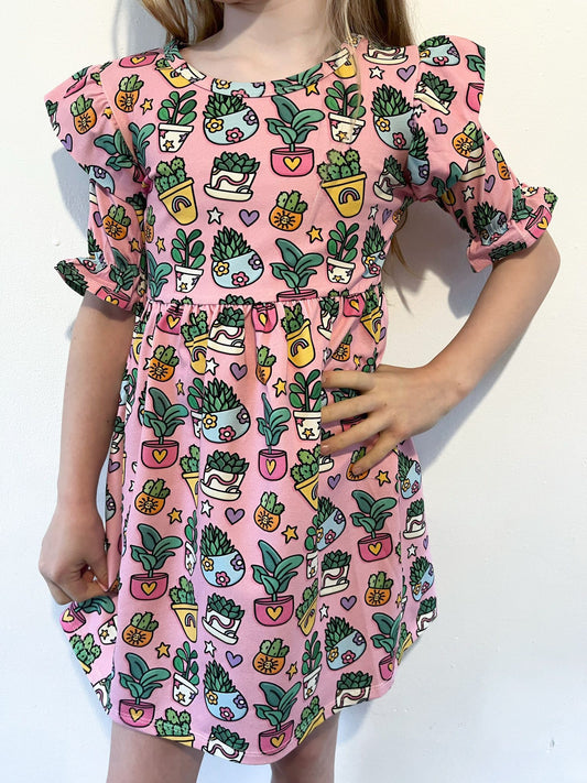 Pre Made Pretty Pots Short Sleeve Ruffle Dresses – Cute Plants, Big Style