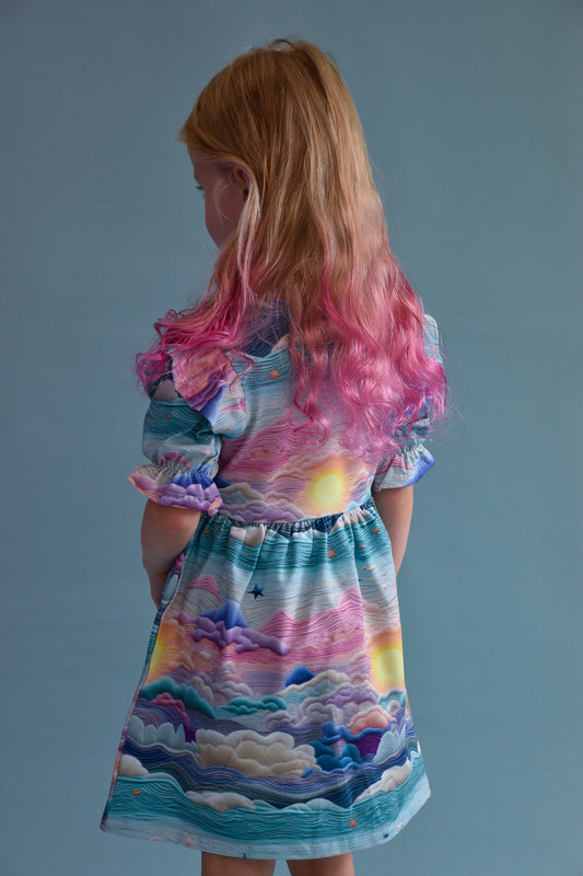 Pre Made Pretty Sunsets Short Sleeve Ruffle Dresses – Handmade Sunset Cloud Print Dress for Kids