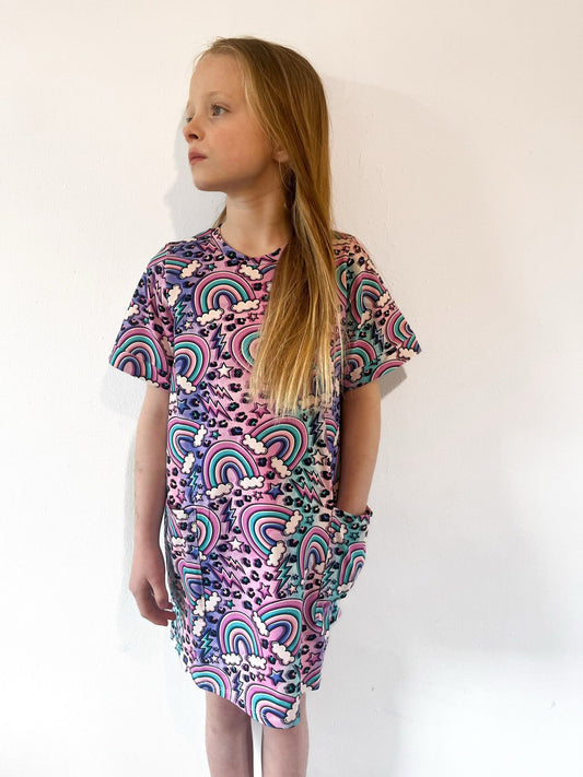 “Electric Rainbow” Rainbow Smock Dress – Girls’ Retro Print Dress with Pockets. Pre made.