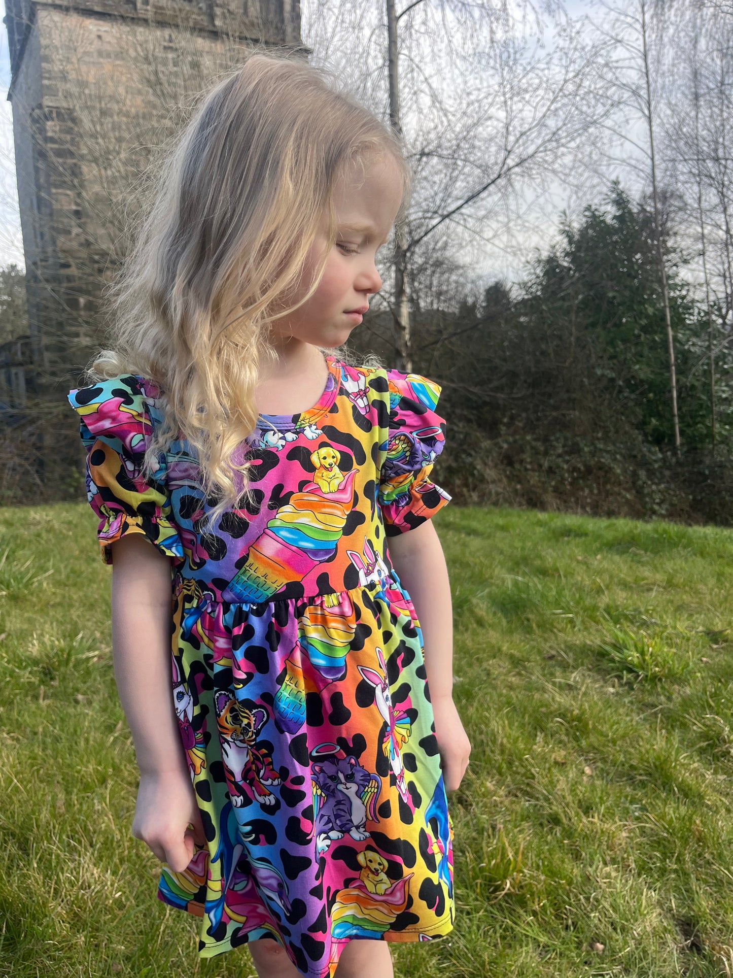 Pre Made Psychadelic Scenes Short Sleeve Ruffle Dresses - Colourful Handmade Girls’ Animal Print Dress