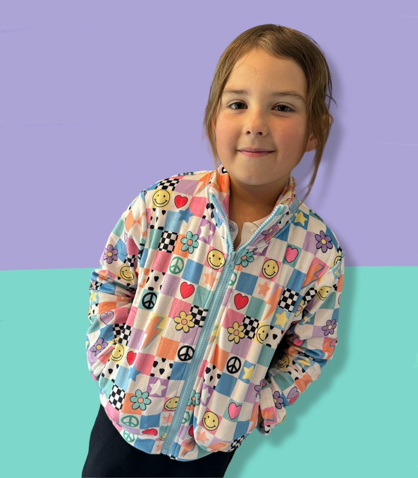 Y2K Pastel Patchwork Fleece Jacket for Kids – Smiley Face, Peace Sign & Heart Print, Groovy Check