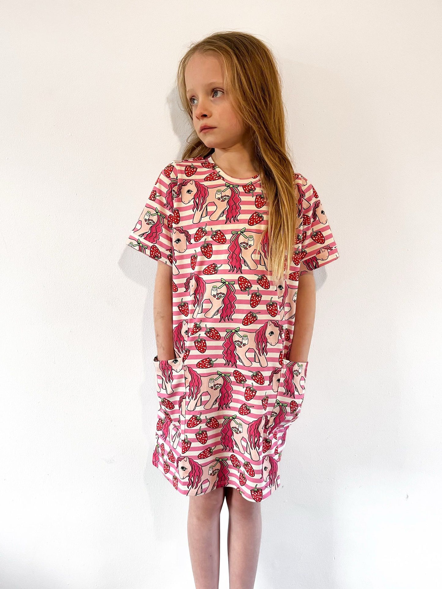 Girls’ Strawberry Picking Smock Dress with Pockets, Short Sleeve