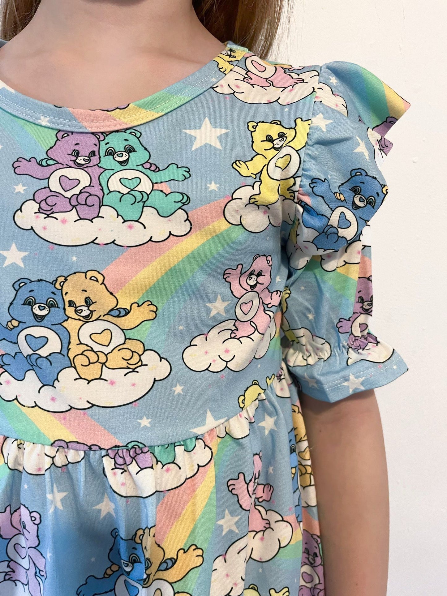 Pre Made Rainbow Bears Short Sleeve Ruffle Dresses - Retro Rainbow, Sweetheart Sky Dress