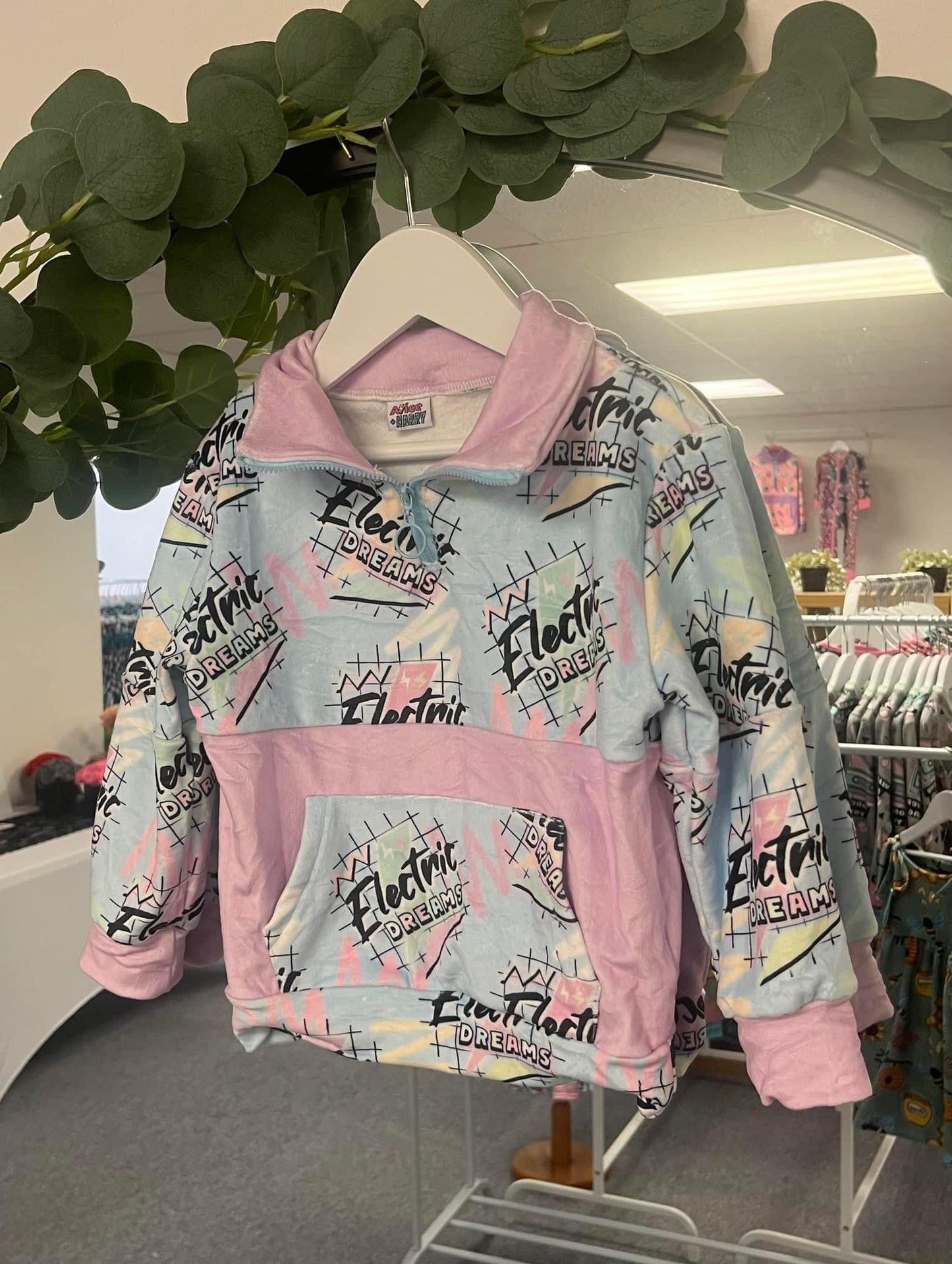 Kids “Electric Dreams” Fleece Pullover – 80s-Inspired Pastel Half-Zip Hoodie