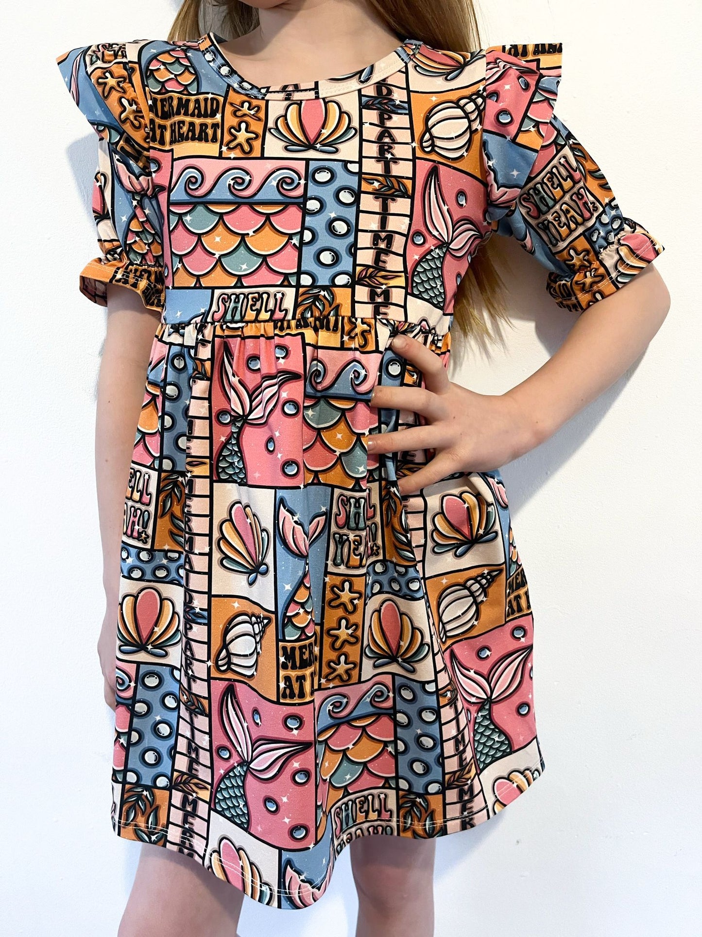 Pre Made Shell Yeah Short Sleeve Ruffle Dresses – Ocean-Inspired Fun for Girls