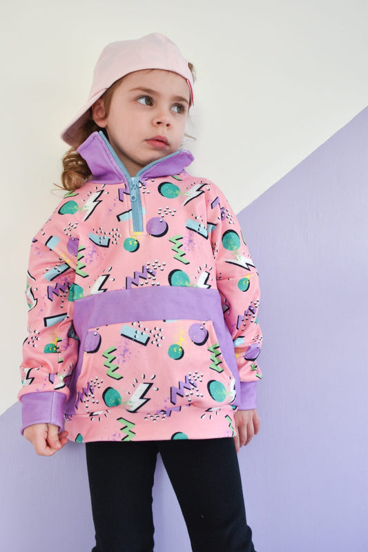 Kids 90s Pink Retro Pop Fleece Pullover – Half-Zip Hoodie with Lightning & Shapes Print