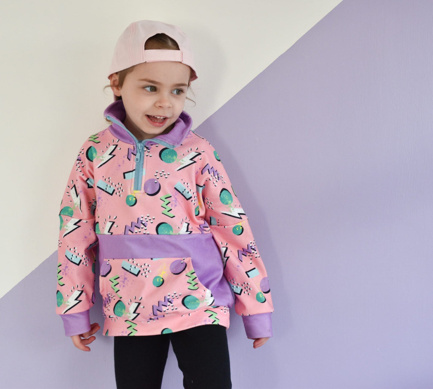 Kids 90s Pink Retro Pop Fleece Pullover – Half-Zip Hoodie with Lightning & Shapes Print