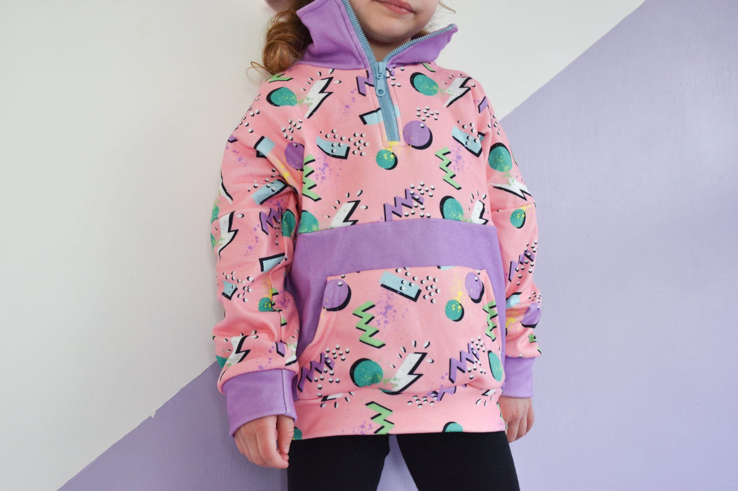 Kids 90s Pink Retro Pop Fleece Pullover – Half-Zip Hoodie with Lightning & Shapes Print