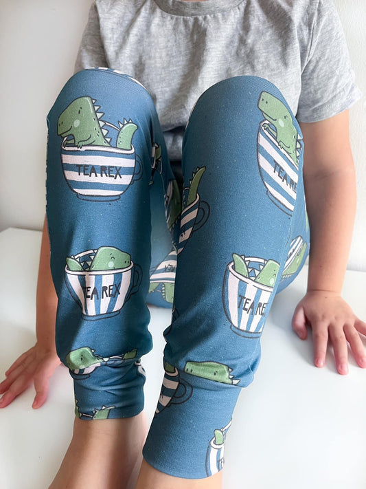 Close-up of toddler wearing dinosaur print harem pants labeled Tea Rex.
