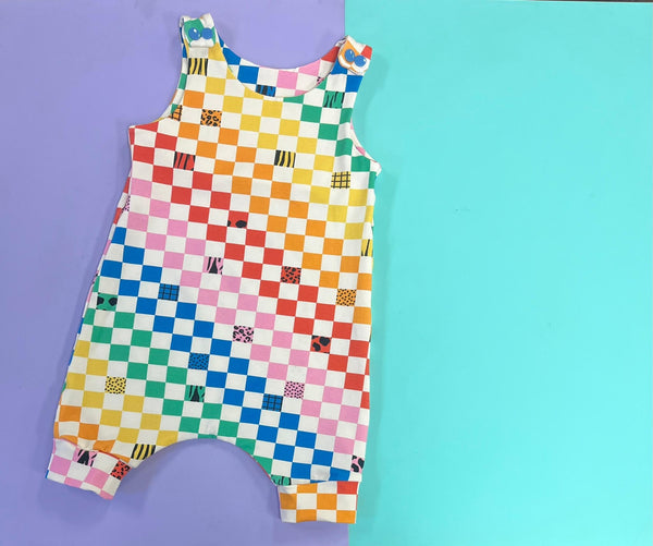 Bright Rainbow Checkerboard Overall Romper