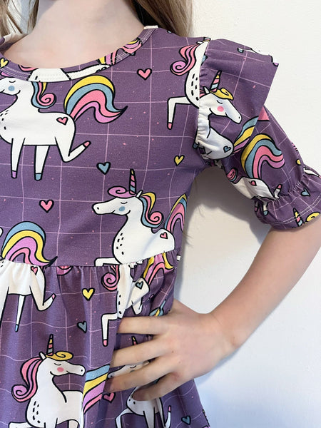 Pre Made Purple Unicorn Short Sleeve Ruffle Dresses