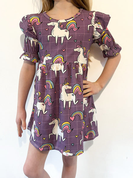 Pre Made Purple Unicorn Short Sleeve Ruffle Dresses