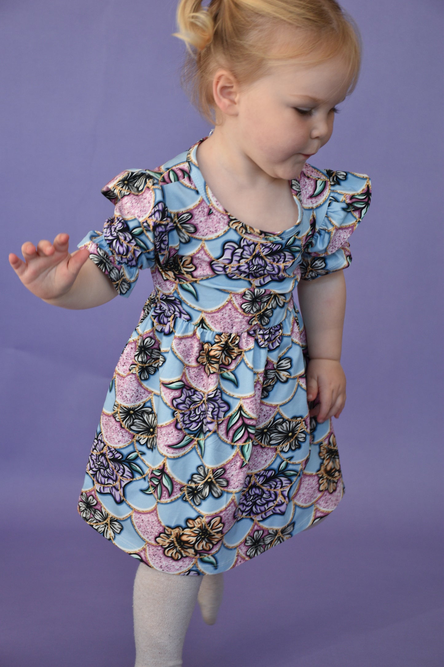 Pre Made Blue Floral Scales Short Sleeve Ruffle Dresses - Beautiful and Blooming!