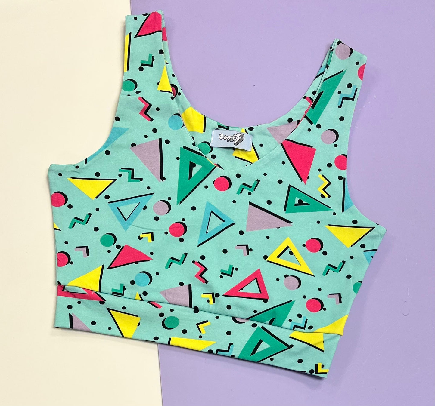 Pre Made Comfy Adult Crop Top - Blue Retro Shapes