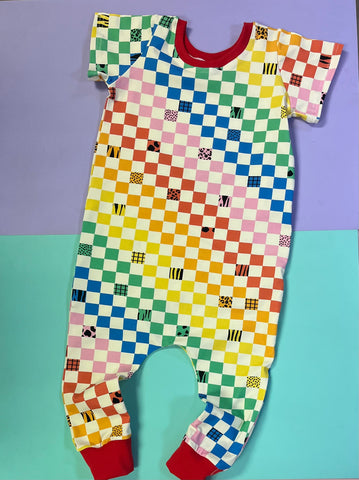 Bright Rainbow Checkerboard Pullover Romper