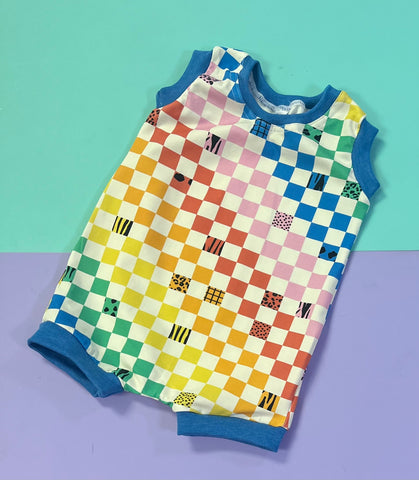 Bright Rainbow Checkerboard Summer Rompers