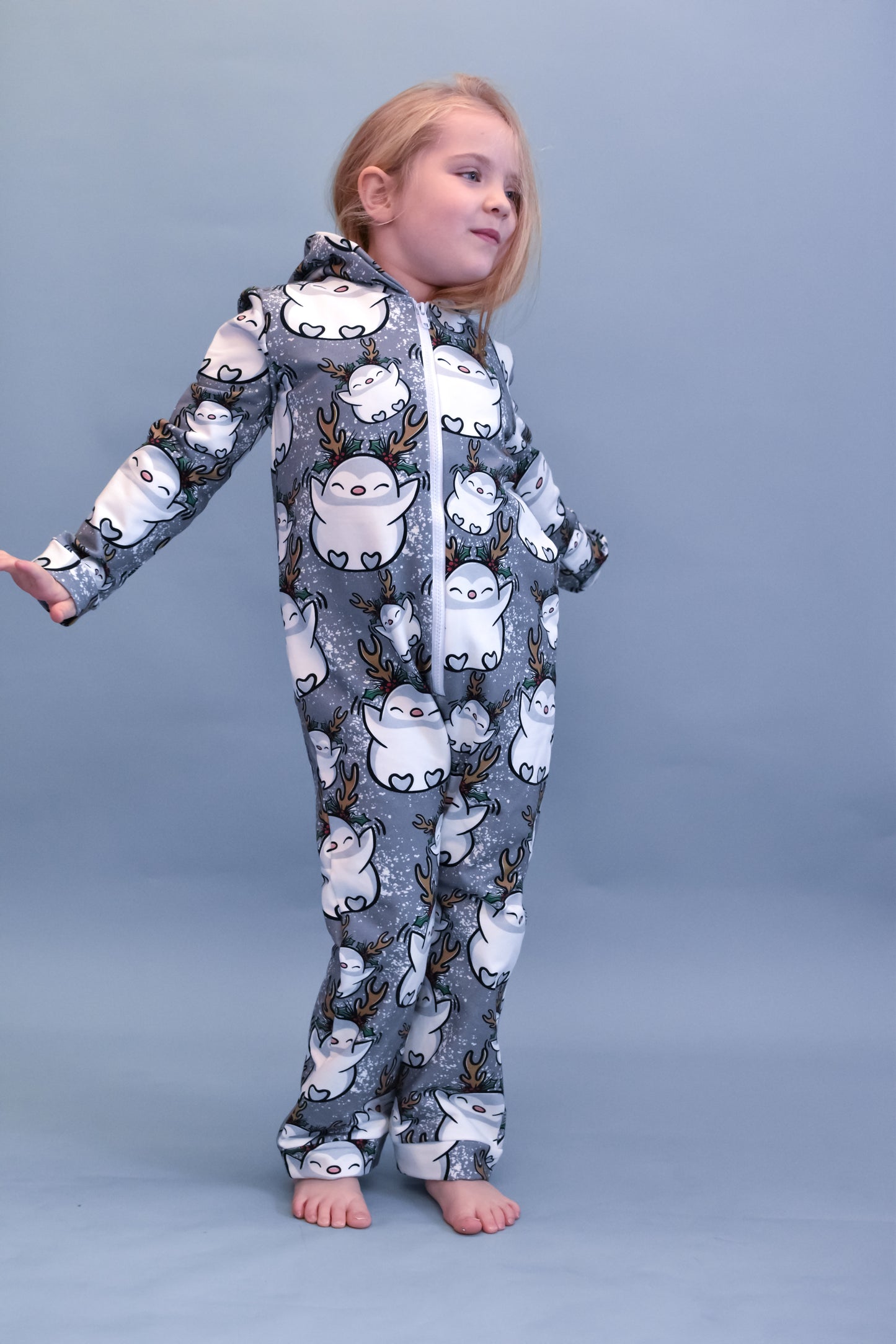 Ready To Post Grey Penguins Zipped Onesies