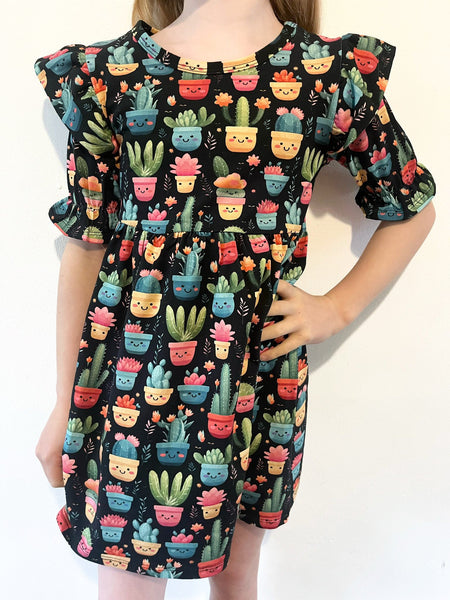 Pre Made Cute Cacti Short Sleeve Ruffle Dresses