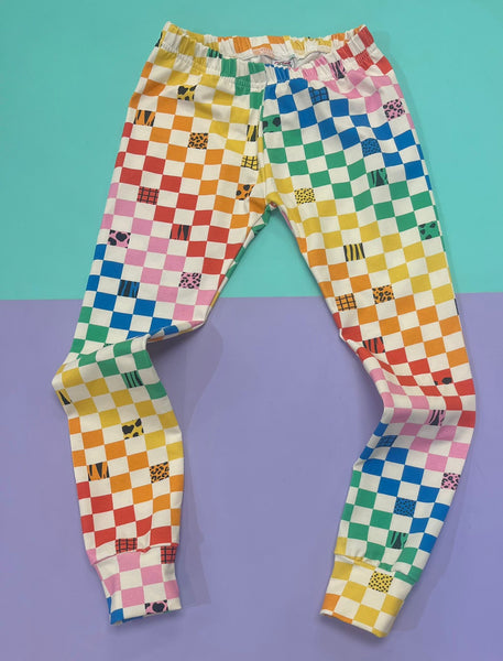 Bright Rainbow Checkerboard Leggings, Harems and Flares